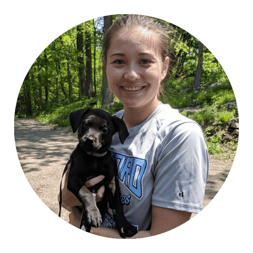 Happy girl holding black lab mix puppy
